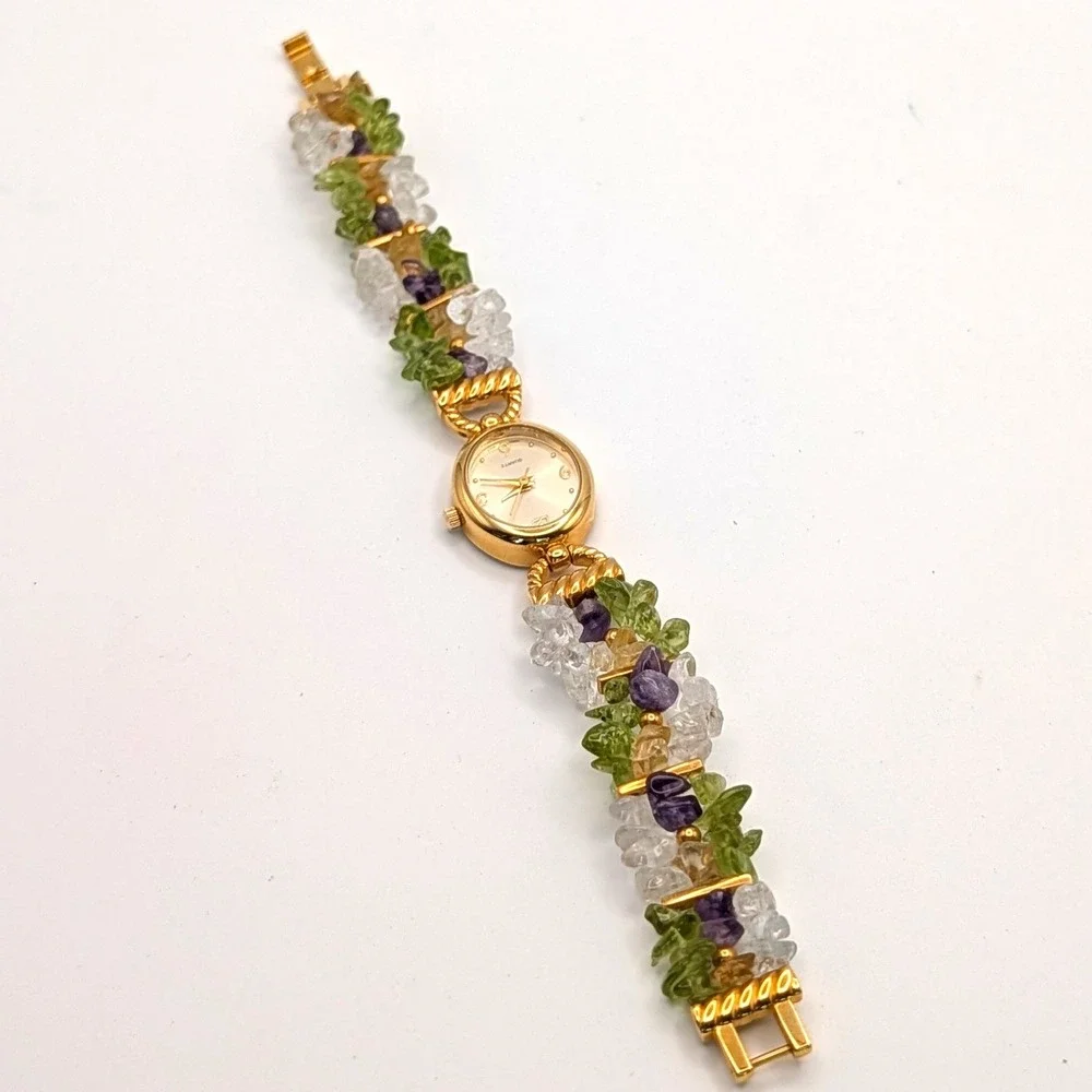 Quartz Crystal Mixed Gemstone Bracelet Watch Gold Tone Japanese Movement 7